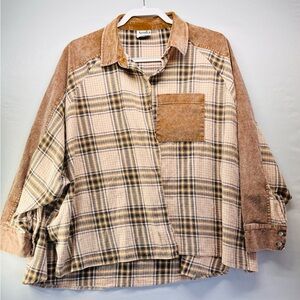 ARULA Plaid Button-Up Shirt in Tan and Cream